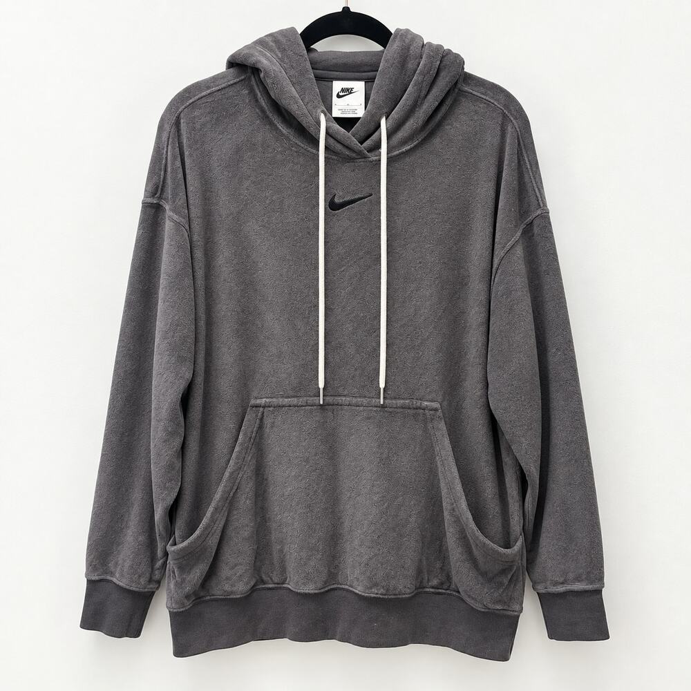 Nike Womens Sweatshirt L Terrycloth Gray Oversized Hoodie Center Swoosh